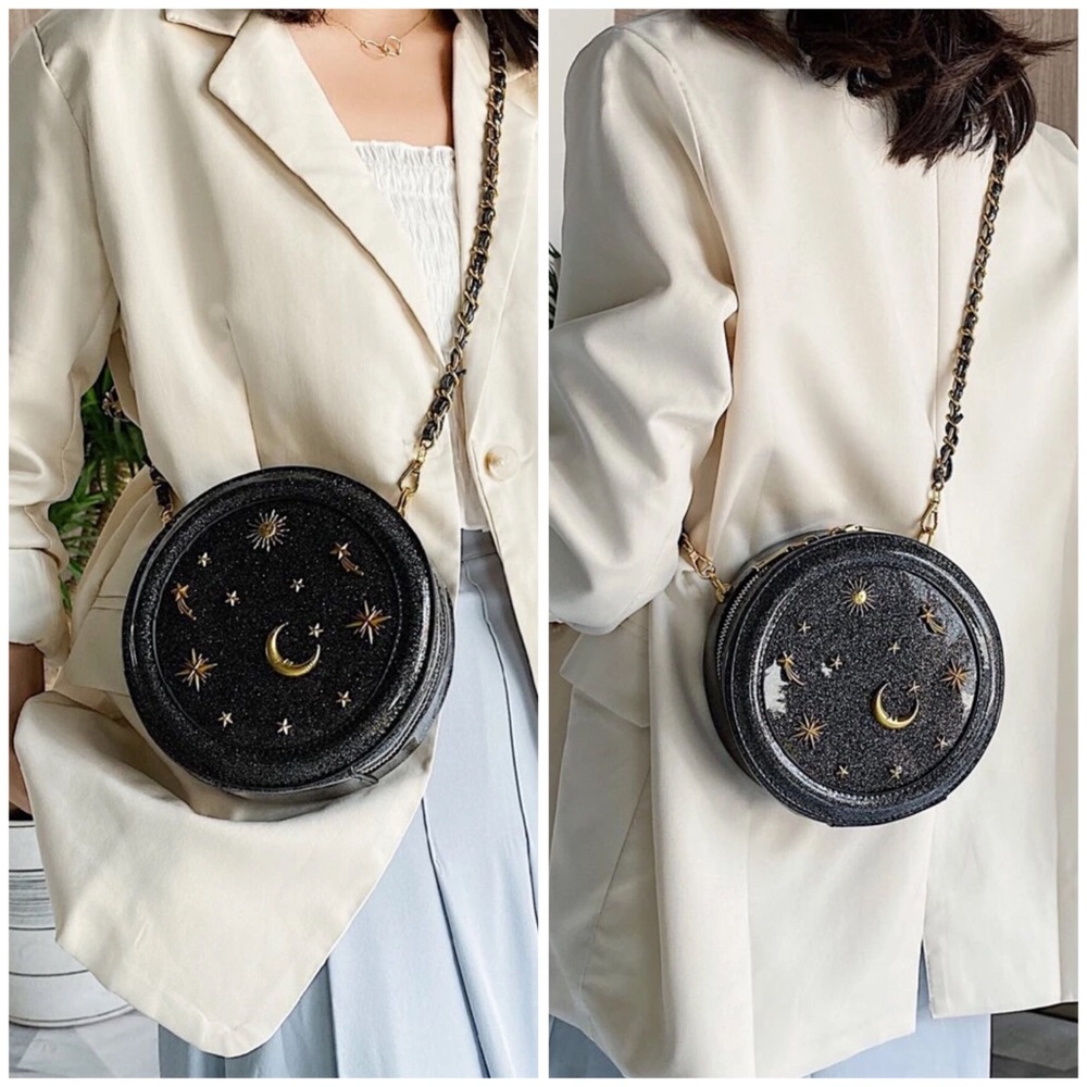 Black gold glitter star moon sun astrology purse